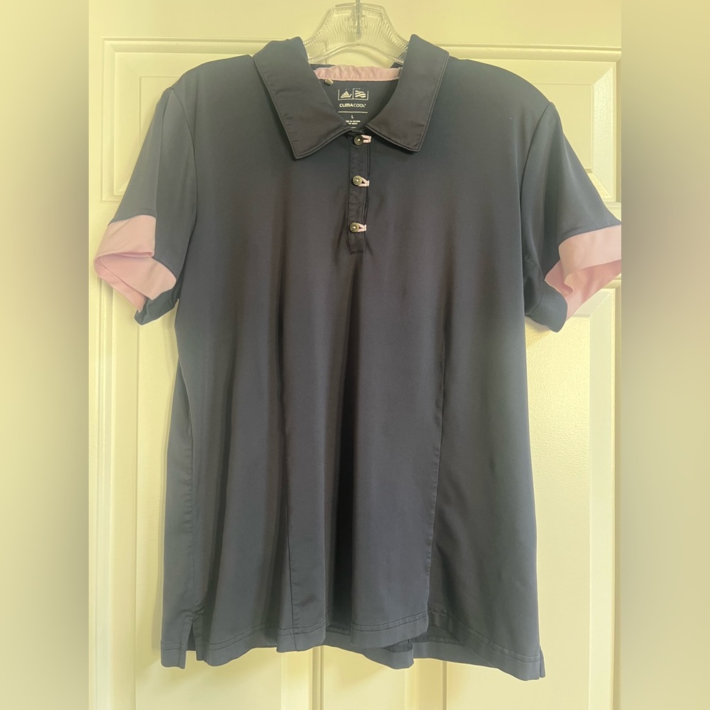 adidas blue Polo Shirt with Pink Trim - L